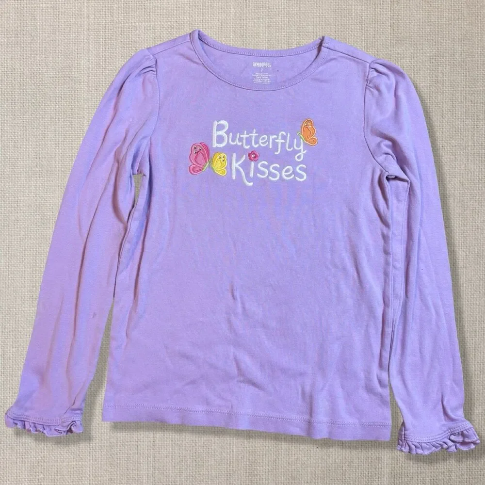 Gymboree Girls Size 7 Purple Butterfly Kisses Long Sleeve Ruffle Shirt